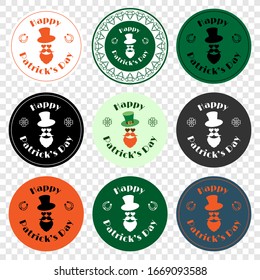 Happy Patrick's Day vector illustration of festive design. A set of several options. Bright stickers with all sorts of decor and text. Design of banner, poster, flyer, greeting card, logo etc.