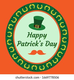 Happy Patricks Day vector illustration Festive frame pattern. Text in a stylish frame on a orange background. Design of banner, poster, flyer, greeting card, logo. Isolated color elements on backdrop.