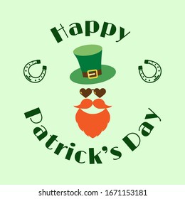 Happy Patrick's Day vector illustration. Festive design. Text in a stylish frame on a light green background. Design of banner, poster, postcard, greeting card. Isolated colored elements on backdrop.