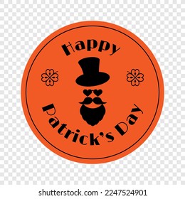 Happy Patrick's Day vector ilustración del diseño festivo. Los colores negro y naranja. Pegatina con decoración temática y texto. Diseño para decorar banners, volantes, tarjetas de felicitación, logotipos, impresiones, embalajes