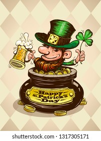 Happy Patrick's day vector postcard, hand drawn graphic illustration with Leprechaun sitting in potty with coins