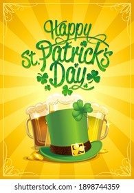 Happy Patrick's Day vector poster with leprechaun hat and beer mugs