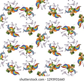 HAPPY PATRIC'S DAY! Leprechaun on Unicorn seamless pattern, Clean design lined unicorns in color. Vector illustration