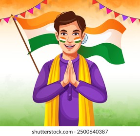 Feliz día patriótico Niño indio pintó la bandera india en su cara. Diseño de personajes para el Día de la República y la Independencia. ilustración de un Anuncio tricolor con bandera india