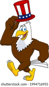 Happy Patriotic Eagle Cartoon Character Wearing A USA Hat And Marches. Vector Hand Drawn Illustration Isolated On Transparent Background