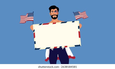 Happy Patriotic Man Holding Blank Sign and Two Flags in Celebration of Independence Day