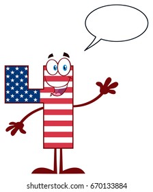 Happy Patriotic Number Four In American Flag Cartoon Mascot Character Waving For Greeting. Vector Illustration Isolated On White Background With Speech Bubble