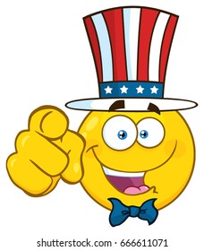 Happy Patriotic Yellow Cartoon Emoji Face Character Wearing A USA Hat And Pointing. Vector Illustration Isolated On White Background
