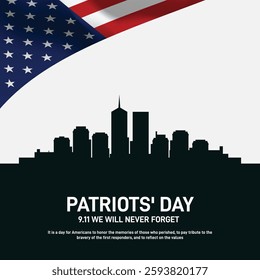 Happy patriots' day. patriots' day concept, banner, poster, postcard, social media post, background, backdrop, template, web banner, cover design etc. We will never forget. 9.11