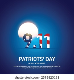 Happy patriots' day. patriots' day concept, banner, poster, postcard, social media post, background, backdrop, template, web banner, cover design etc. We will never forget. 9.11