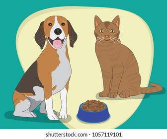 Happy pats sharing food bowl.Dog and cat next to food bowl,against colorful background.Vector illustration.