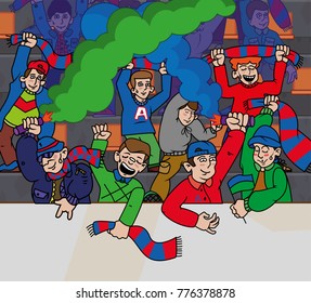 Happy pattern people ultras football fans noise to cheer up and to support theme favorite football team celebration victory. Vector modern style illustration cartoon character design tribune fire joy