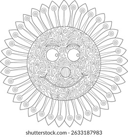 Happy Patterned Sun Face Line Art, Black and white line drawing of a stylized sun with a happy face and intricate, abstract patterns on its surface and rays. Ideal for coloring books, illustrations,