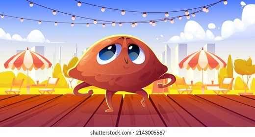 Happy patty character in street cafe with tables and umbrellas. Vector cartoon illustration of cute fried pie or baked pasty on wooden counter on restaurant terrace