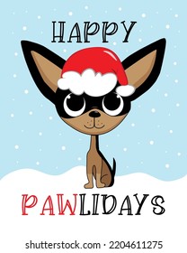 Happy Pawlidays - Chihuahua Hund in Santamütze. Fröhlicher Weihnachtsgruß. Gut für Grußkarten, Poster, Label, T-Shirt-Druck und anderes Geschenkdesign.