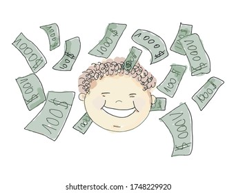 Happy Payday Vector Illustration. Money Rain. Funny Infantile Style Hand Drawn Illustration With Happy Rich Man Character Enjoying Money. Falling Dollars Banknotes.