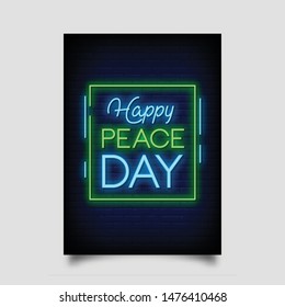 happy peace day for poster in neon style. greeting card, posters, invitation card, flyer, light banner