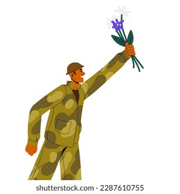 Feliz soldado pacífico llevando un ramo de flores en mano para la celebración de la paz. Un militar sonriente celebrando, regresando después de la guerra, victoria. Ilustración vectorial gráfica plana aislada en fondo blanco