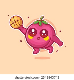 happy peach fruit character mascot playing basketball isolated cartoon