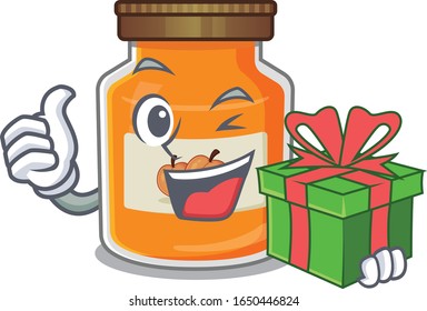 Happy peach jam character having a gift box