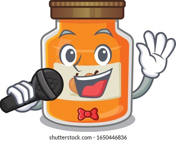 Happy peach jam singing on a microphone