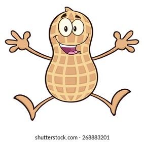 Happy Peanut Cartoon Character Jumping. Vector Illustration Isolated On White