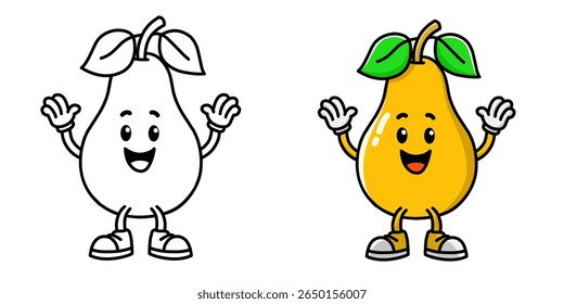 personagem de desenho animado de pera feliz completo com esboço, ícone de pera, logotipo de pera, perfeito para adesivo ou emot.