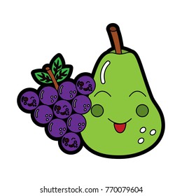 happy pear and grapes fruit kawaii icon image 