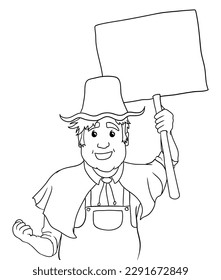Happy peasant dressed in traditional farm clothes: cape, overalls and cap, holding a placard. Outlines design for coloring.