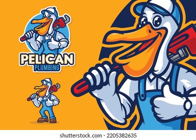 Happy pelican plumber mascot cartoon character, Stock vector image. 