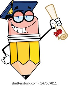 Happy Pencil Character Graduate Holding A Diploma