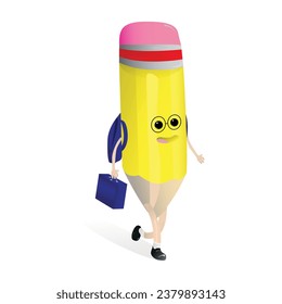 Happy pencil character, walking smiling at starting a new school year, holding his backpack and lunch box.