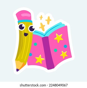 Happy pencil with cute face and open book. Science and education. Vector illustration in cartoon sticker design