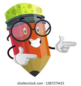 Happy pencil is pointing at something with both hands illustration vector on white background