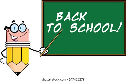 Happy Pencil Teacher Character With A Pointer In Front Of Chalkboard With Text