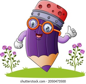 The happy pencil is walking on the grass of illustration
