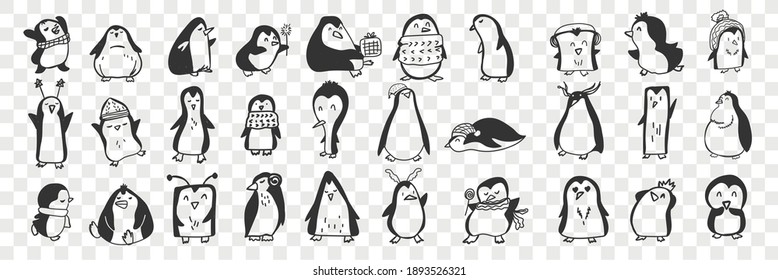 Happy Penguin birds doodle set