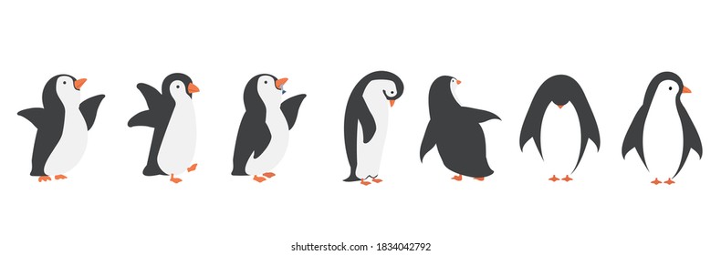 Happy penguin cartoon characters in different poses set