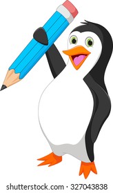 Happy penguin cartoon holding blue pencil