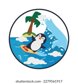 Happy penguin cartoon surfing logo