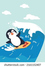 Happy penguin cartoon surfing vector