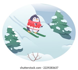 Happy penguin character skiing in winter forest vector illustration. Cute animal with red costume holding ski poles and active riding down snowy slope