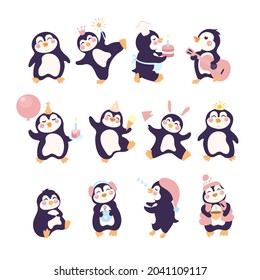 Personajes pingüinos felices en diferentes poses. Colección vectorial de felíz personaje de pingüino al estilo de las caricaturas. Fiesta de pingüinos.