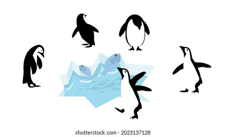 Happy penguin characters on ice floe with fish