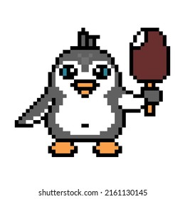 Happy penguin with chocolate ice cream on a stick, cute pixel art animal character isolated on white background. Retro 80's-90's 8 bit slot machine, 2d video game graphics. Cartoon bird with a dessert