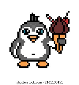 Happy penguin with a chocolate ice cream cone, cute pixel art animal character isolated on white background. Retro 80's-90's 8 bit slot machine, 2d video game graphics. Cartoon bird with a dessert