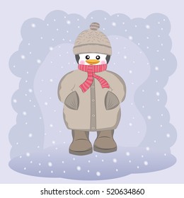 Happy  penguin in coat, hat and scarf