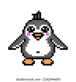 Happy penguin, cute pixel art wildlife animal character isolated on white background. Old school retro 80s, 90s 8 bit slot machine, computer, video game graphics. Cartoon antarctica bird mascot.