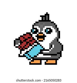 Happy penguin eating big chocolate bar, pixel art animal character isolated on white background. Old school retro 80s, 90s 8 bit slot machine, video game graphics. Cartoon confectionery mascot.