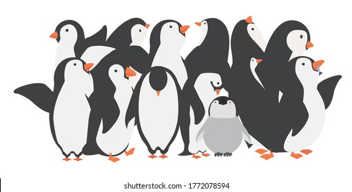 Happy penguin family characters in different poses set